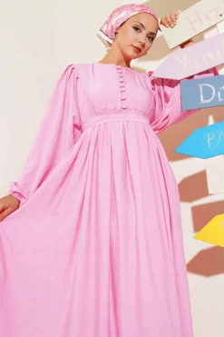 Half Brit Button Balloon Sleeve Dress Pink all'ingrosso dress view 2 - Hicabistan fabbrica Turchia