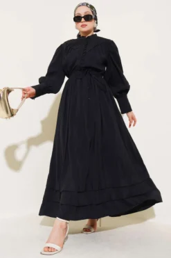 Half Brit Buttoned Waist Elastic Dress Black en gros dress - Hicabistan usine Turquie