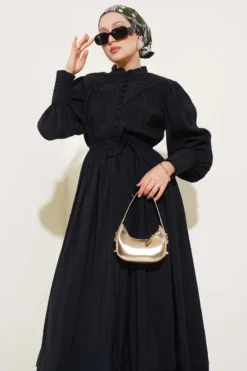 Half Brit Buttoned Waist Elastic Dress Black en gros dress view 2 - Hicabistan usine Turquie