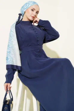 Half Brit Buttoned Trousers Tencel Dress Indigo en gros dress view 2 - Hicabistan usine Turquie
