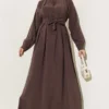 Half Brit Buttoned Trousers Tencel Dress Brown Großhandel dress - Hicabistan Türkei Fabrik