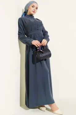 Half Brit Buttoned Trousers Tencel Dress Petrol en gros dress view 2 - Hicabistan usine Turquie