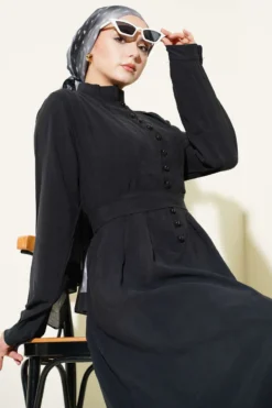Half Brit Buttoned Trousers Tencel Dress Black en gros dress view 2 - Hicabistan usine Turquie