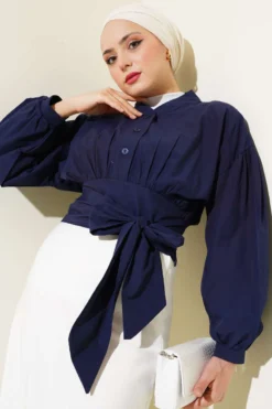 Half Button Tie Short Shirt Navy Blue