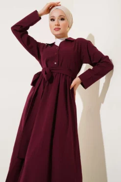 Half Buttoned Tied Terikoton Dress Burgundy en gros dress view 2 - Hicabistan usine Turquie