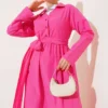Half Buttoned Tied Terikoton Dress Fuchsia wholesale dress view 2 - Hicabistan Turkey factory