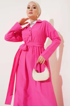 Half Buttoned Tied Terikoton Dress Fuchsia en gros dress view 2 - Hicabistan usine Turquie