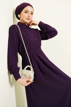 Half Button Lace Detail Dress Purple all'ingrosso dress view 2 - Hicabistan fabbrica Turchia