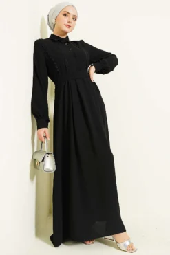 Half Button Lace Detail Dress Black all'ingrosso dress view 2 - Hicabistan fabbrica Turchia