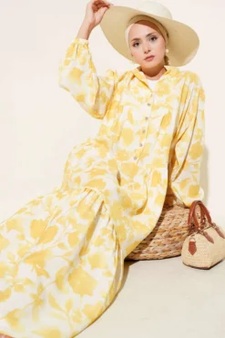 Alternative view of Half Buttoned Patterned Dress Yellow