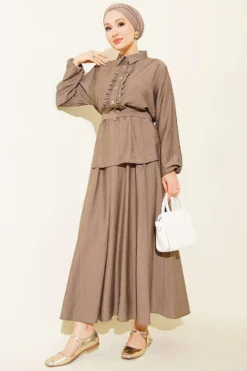Half Button Ruffled Skirt Set Mink