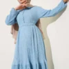 Half Buttoned Pleated Dress Blue wholesale dress view 2 - Hicabistan Turkey factory