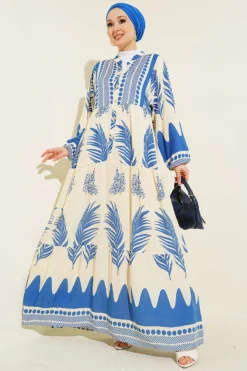 Half Buttoned Mandarin Collar Patterned Dress Blue