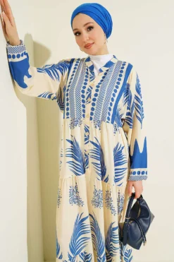 Alternative view of Half Buttoned Mandarin Collar Patterned Dress Blue