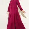 Half Buttoned Mandarin Collar Muslin Dress Burgundy wholesale dress - Hicabistan Turkey factory