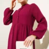 Half Buttoned Mandarin Collar Muslin Dress Burgundy wholesale dress view 2 - Hicabistan Turkey factory