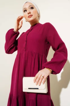 Half Buttoned Mandarin Collar Muslin Dress Burgundy wholesale dress view 2 - Hicabistan Turkey factory