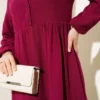 Half Buttoned Mandarin Collar Muslin Dress Burgundy wholesale dress view 4 - Hicabistan Turkey factory