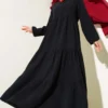 Half Buttoned Mandarin Collar Muslin Dress Black wholesale dress - Hicabistan Turkey factory