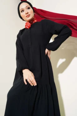 Half Buttoned Mandarin Collar Muslin Dress Black wholesale dress view 2 - Hicabistan Turkey factory