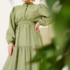 Half Buttoned Tiered Pleated Dress Khaki wholesale dress view 2 - Hicabistan Turkey factory