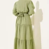 Half Buttoned Tiered Pleated Dress Khaki wholesale dress view 3 - Hicabistan Turkey factory