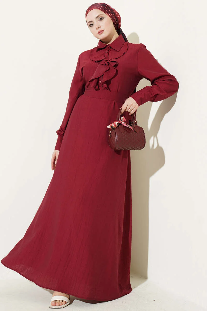 Half Button Ruffled Dress Burgundy wholesale dress - Hicabistan Turkey factory