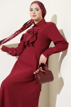 Half Button Ruffled Dress Burgundy en gros dress view 2 - Hicabistan usine Turquie