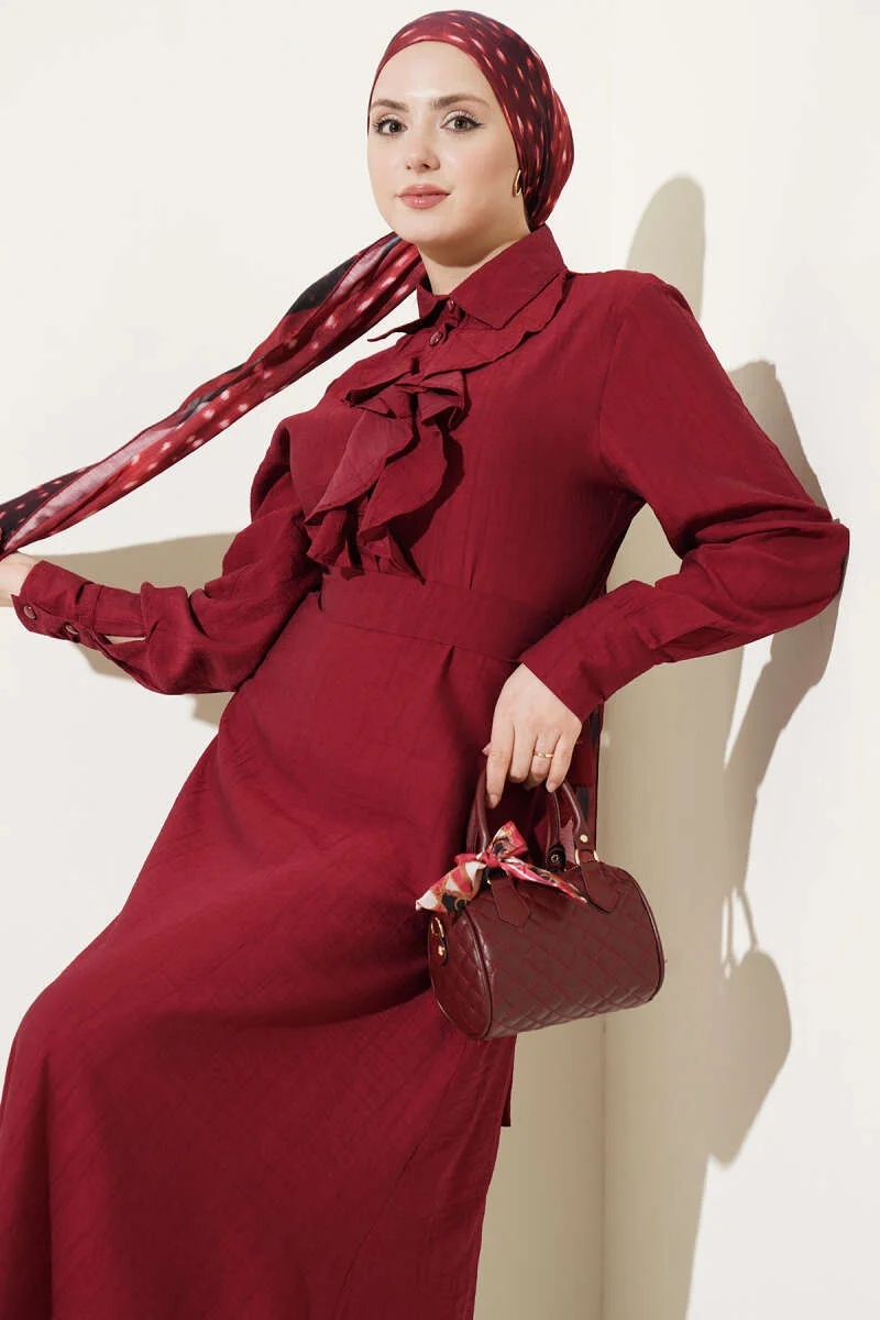 Half Button Ruffled Dress Burgundy wholesale dress view 2 - Hicabistan Turkey factory