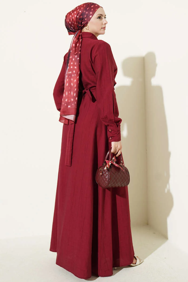 Half Button Ruffled Dress Burgundy wholesale dress view 3 - Hicabistan Turkey factory