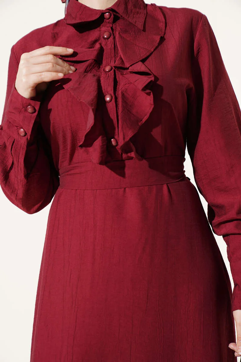 Half Button Ruffled Dress Burgundy wholesale dress view 4 - Hicabistan Turkey factory