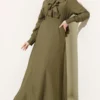 Half Button Ruffled Dress Khaki Großhandel dress - Hicabistan Türkei Fabrik