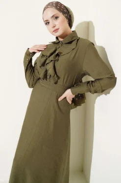 Half Button Ruffled Dress Khaki en gros dress view 2 - Hicabistan usine Turquie