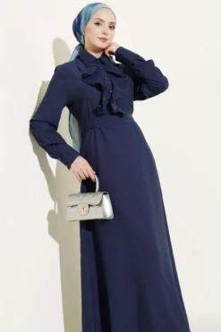 Half Button Ruffled Dress Navy Blue en gros dress view 2 - Hicabistan usine Turquie