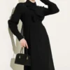 Half Button Ruffled Dress Black Großhandel dress view 2 - Hicabistan Türkei Fabrik