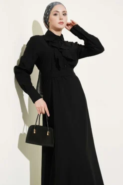 Half Button Ruffled Dress Black all'ingrosso dress view 2 - Hicabistan fabbrica Turchia