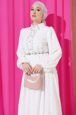 Half Buttoned Stone-Embellished Dress Ecru all'ingrosso dress view 2 - Hicabistan fabbrica Turchia
