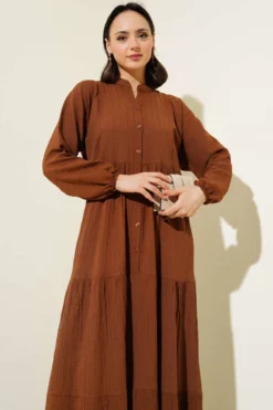 Alternative view of Half Buttoned Front Button Dress Brown