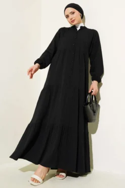 Half Buttoned Front Button Dress Black