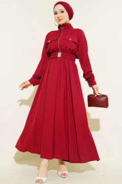 Half-Zip Elastic Waist Dress Burgundy