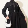 Half-Zip Elastic Waist Dress Black groothandel dress view 2 - Hicabistan Turkije fabriek