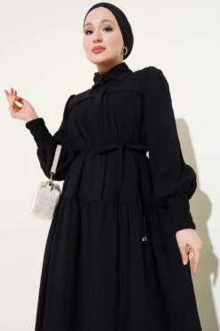 Half Hidden Button Tie Dress Black en gros dress view 2 - Hicabistan usine Turquie