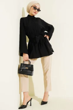 Half Hidden Buttoned Belted Shirt Black Großhandel shirt view 2 - Hicabistan Türkei Fabrik