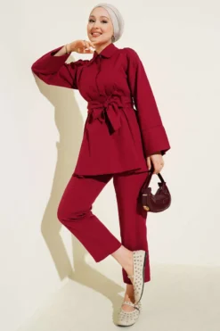 Alternative view of Half Hidden Buttoned Belted Two-Piece Set Burgundy