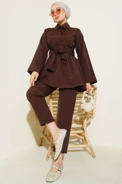 Half Hidden Buttoned Belted Two-Piece Set Brown