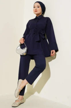 Half Hidden Buttoned Belted Two-Piece Set Navy Blue