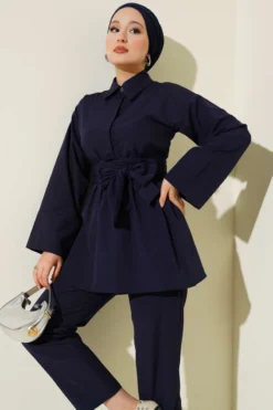 Alternative view of Half Hidden Buttoned Belted Two-Piece Set Navy Blue