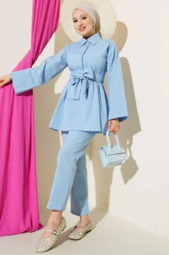 Half Hidden Buttoned Belted Two-Piece Set Blue