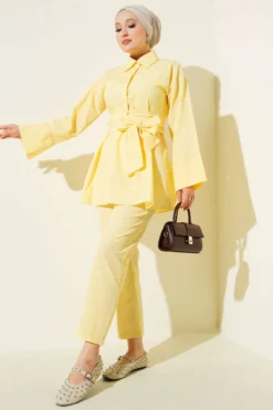 Half Hidden Buttoned Belted Two-Piece Set Yellow