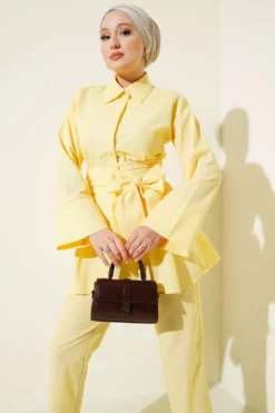 Alternative view of Half Hidden Buttoned Belted Two-Piece Set Yellow